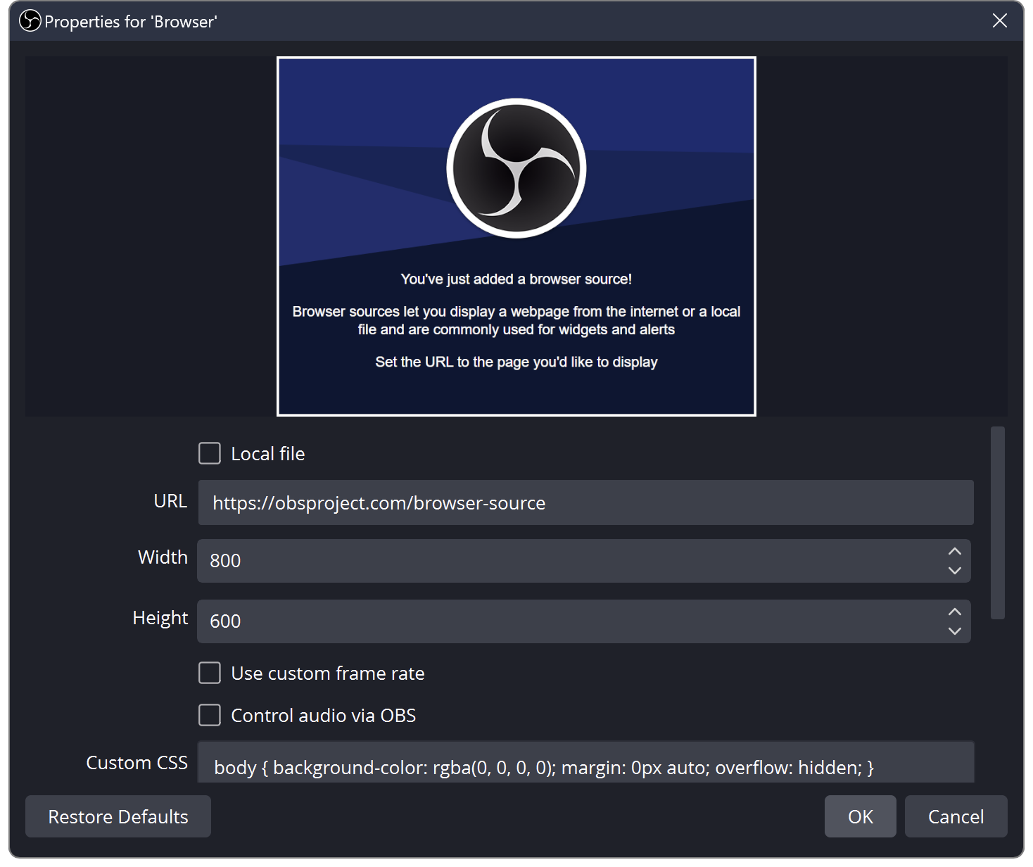 Dán URL YingLive vào OBS Browser Source